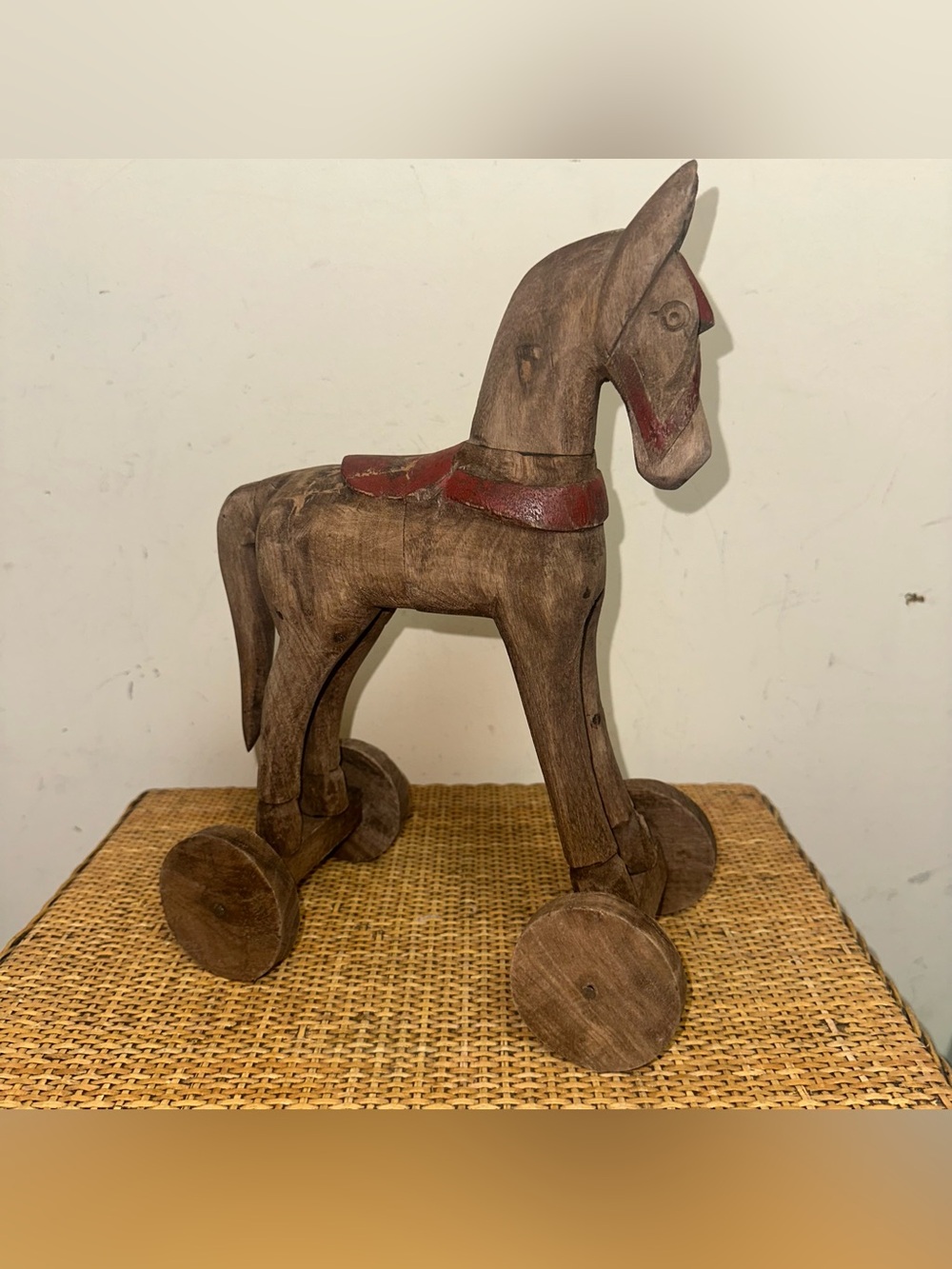 Vintage Wood Horse Hand Carved 13" Tall Red Saddle & Reins Folk Art Decor Brown
